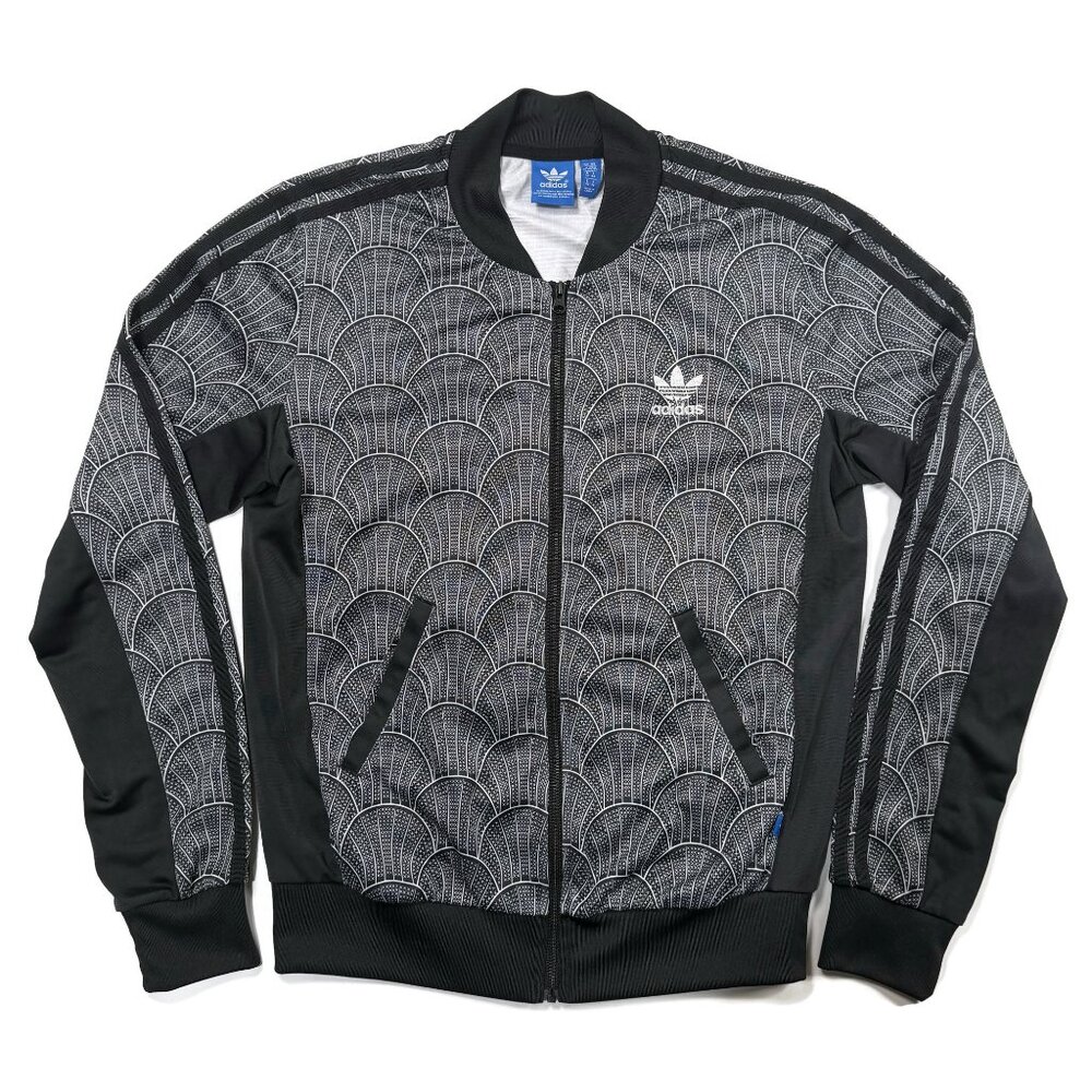 Adidas Track Jacket Womens XS Big Firebird Logo Black Shell Pattern Bomber Zip
